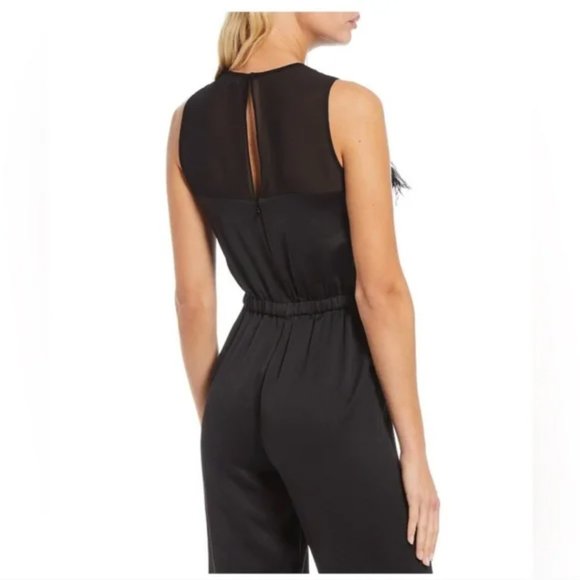 (NWT) Size 4, MICHAEL Micheal Kors Ostrich Feather Trim, Keyhole Back, Jumpsuit - Picture 2 of 4